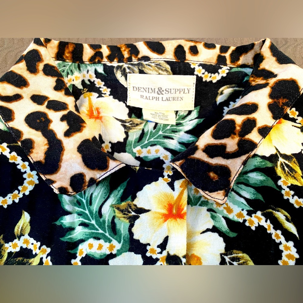 Denim & Supply Ralph Lauren Aloha Hawaiian Leopard print shirt floral EUC 🌺 XL